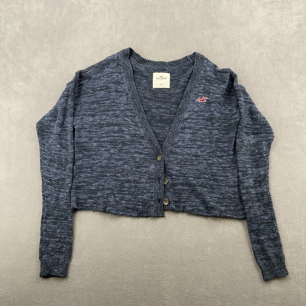 Hollister Crop Cardigan Sweater Womens Medium Blue Space Dye Knit Button Front